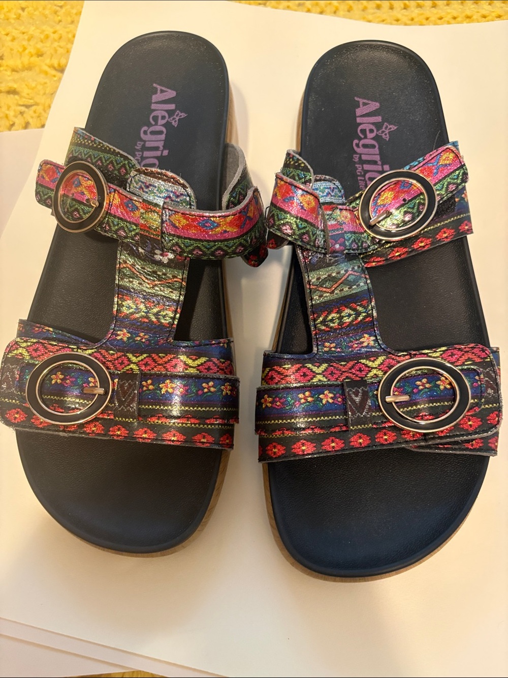 Alegria Women's Black Slides with Multicolor Patterned Straps